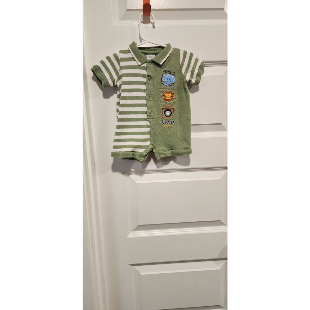 Baby Sprockets Jungle Animal Romper - Green/White Striped - 3 Months